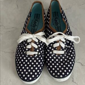 Keds Navy and White Polka Dot Lace-Up Sneakers with Brown Trim